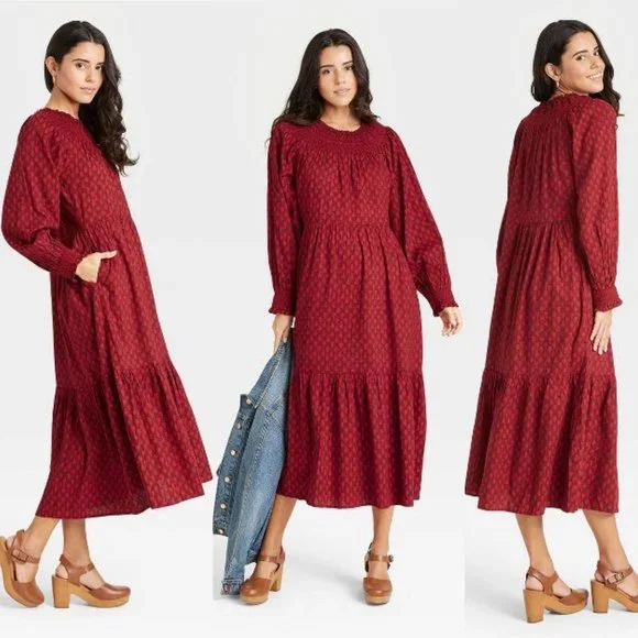 Universal Thread Womens M Red Tiered Dress Balloon Long Sleeve Smocked Neck Maxi - Picture 10 of 10